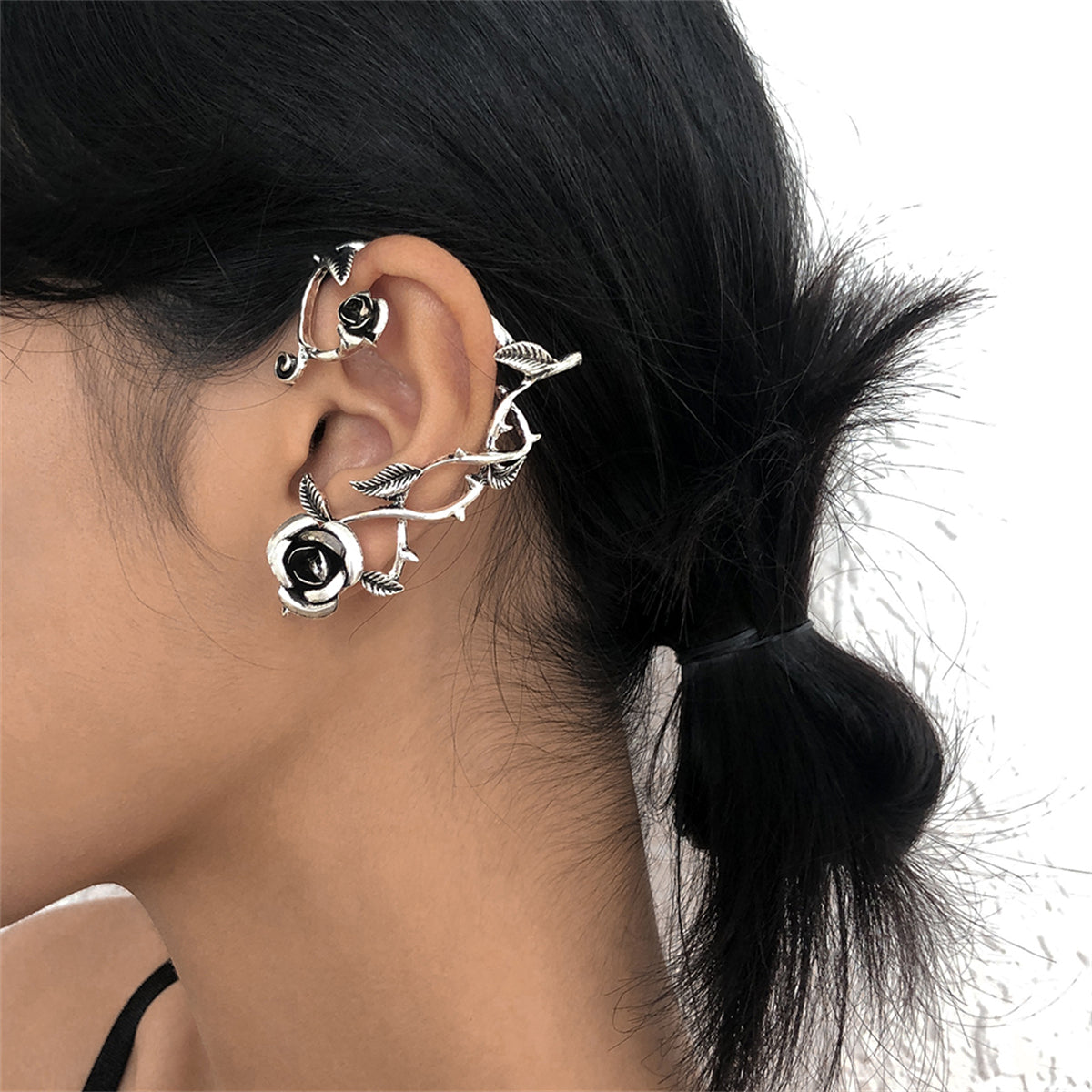 Black Enamel and Silver-Plated Rose Ear Cuff, silver stud earrings for women, vintage-inspired design, side view