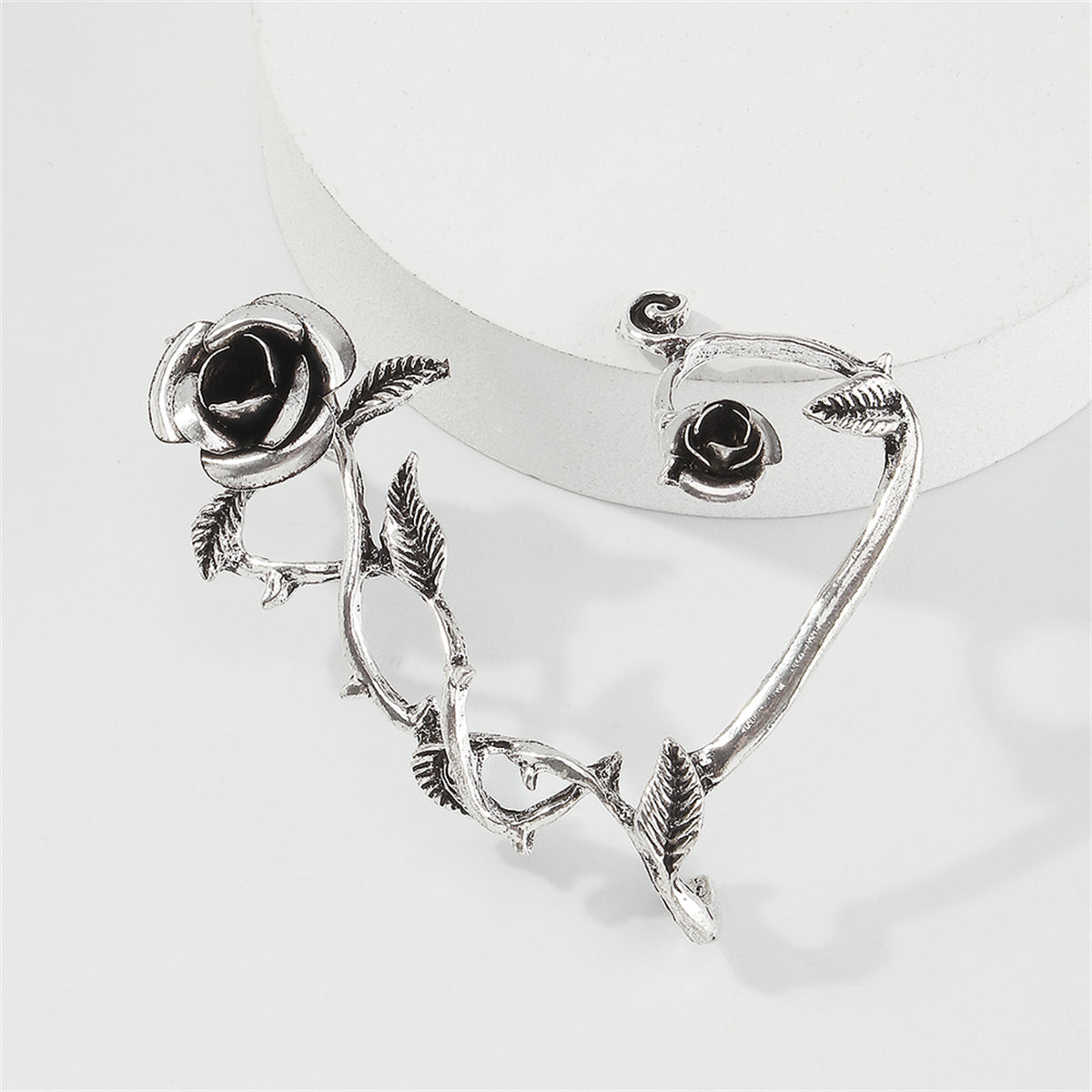 Black Enamel and Silver-Plated Rose Ear Cuff, silver stud earrings for women, vintage-inspired design, lifestyle look
