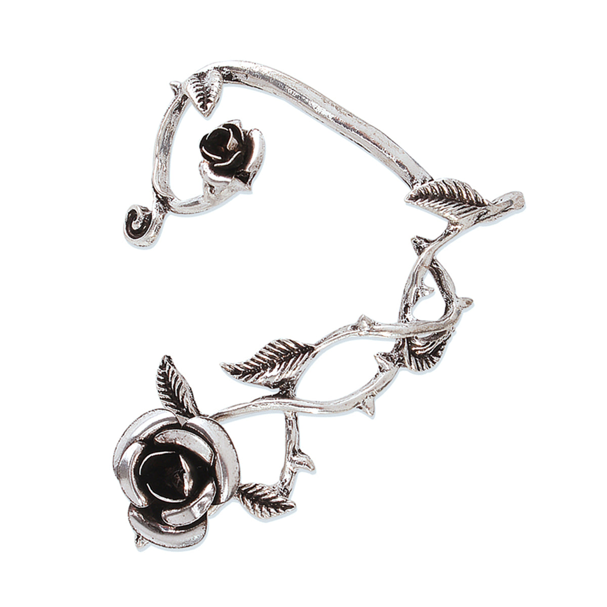 Black Enamel and Silver-Plated Rose Ear Cuff, silver stud earrings for women, vintage-inspired design, styled look