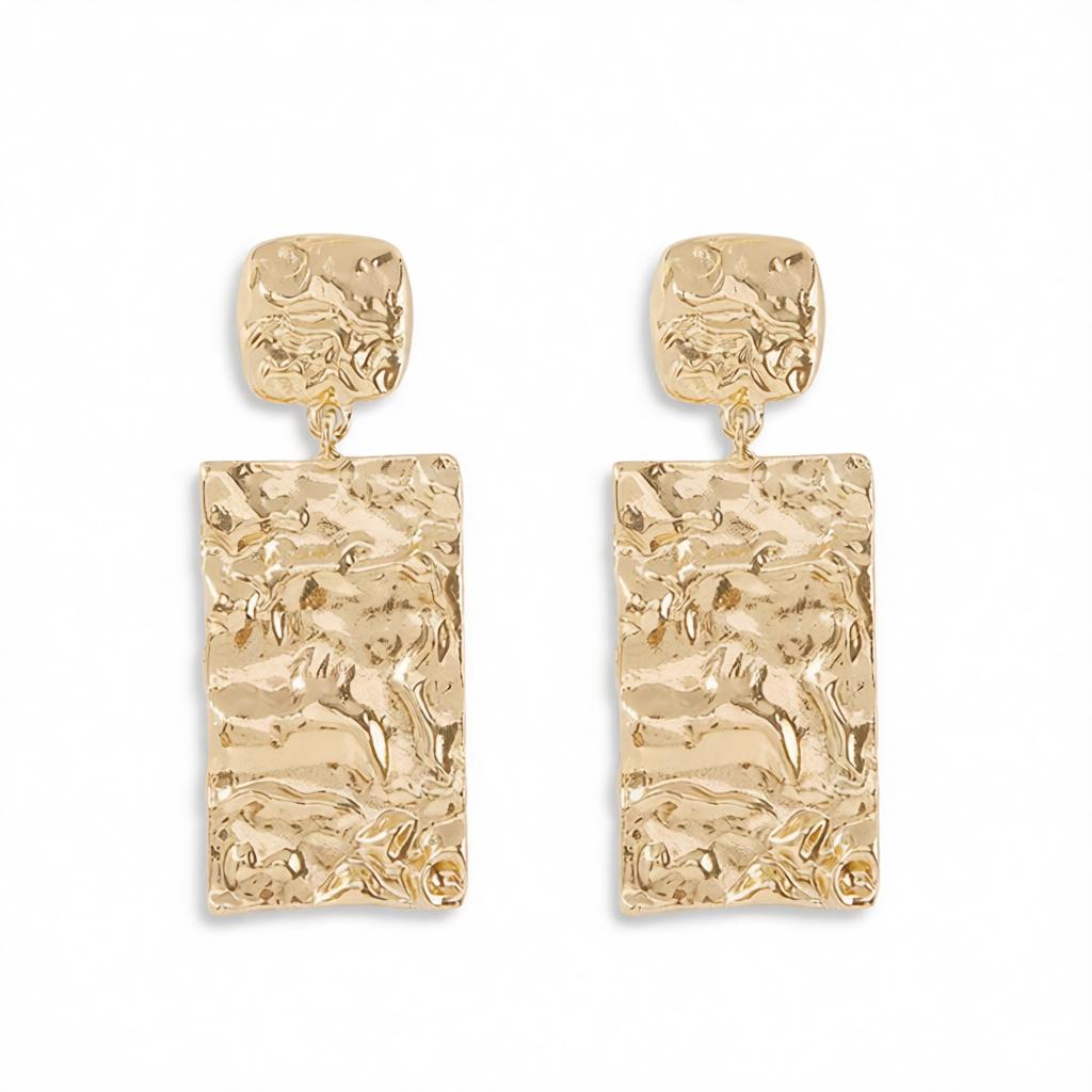 18K Gold-Plated Textured Rectangle Drop Earrings, gold drop earrings for women, botanical inspired, side view