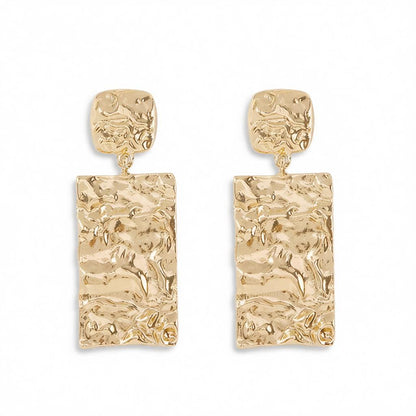 18K Gold-Plated Textured Rectangle Drop Earrings, gold drop earrings for women, botanical inspired, side view