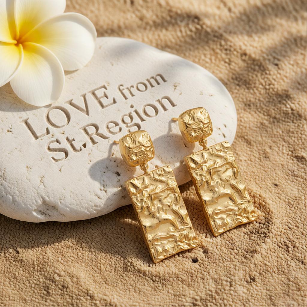 18K Gold-Plated Textured Rectangle Drop Earrings, gold drop earrings for women, botanical inspired, lifestyle look