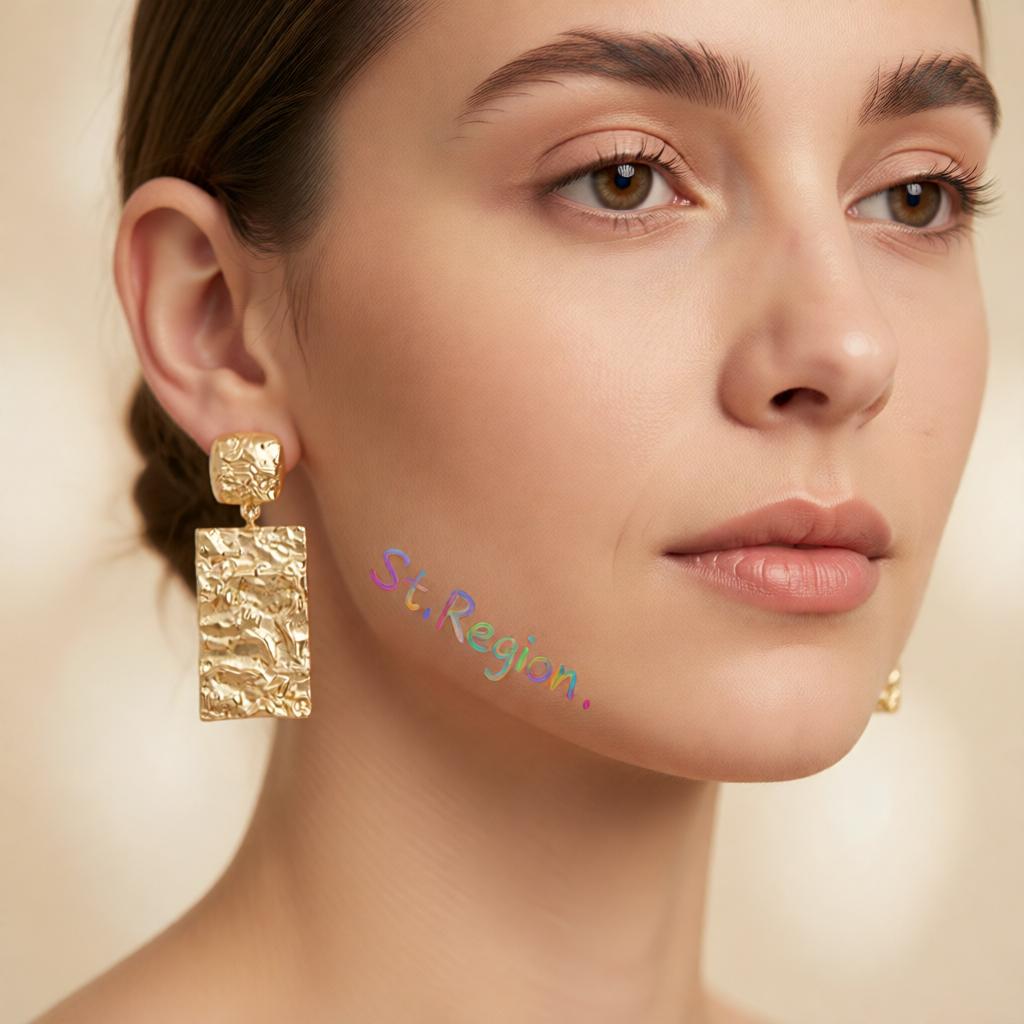 18K Gold-Plated Textured Rectangle Drop Earrings, gold drop earrings for women, botanical inspired, styled look