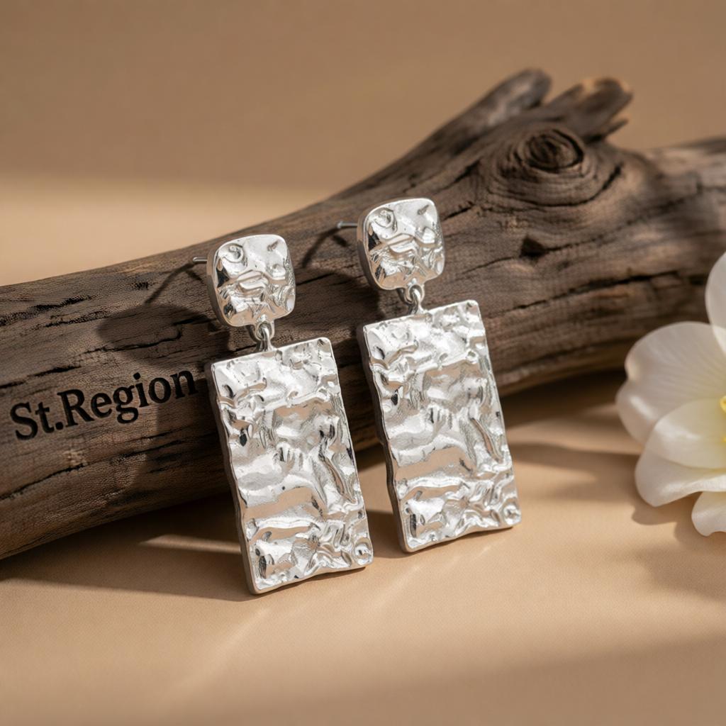 Silver-Plated Textured Rectangle Drop Earrings, silver drop earrings for women, dainty minimalist design, front view