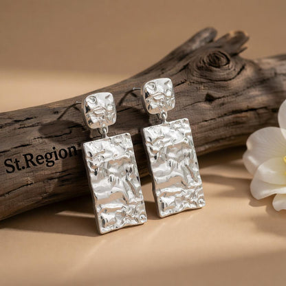 Silver-Plated Textured Rectangle Drop Earrings, silver drop earrings for women, dainty minimalist design, front view