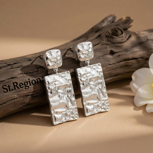 Silver-Plated Textured Rectangle Drop Earrings, silver drop earrings for women, dainty minimalist design, front view