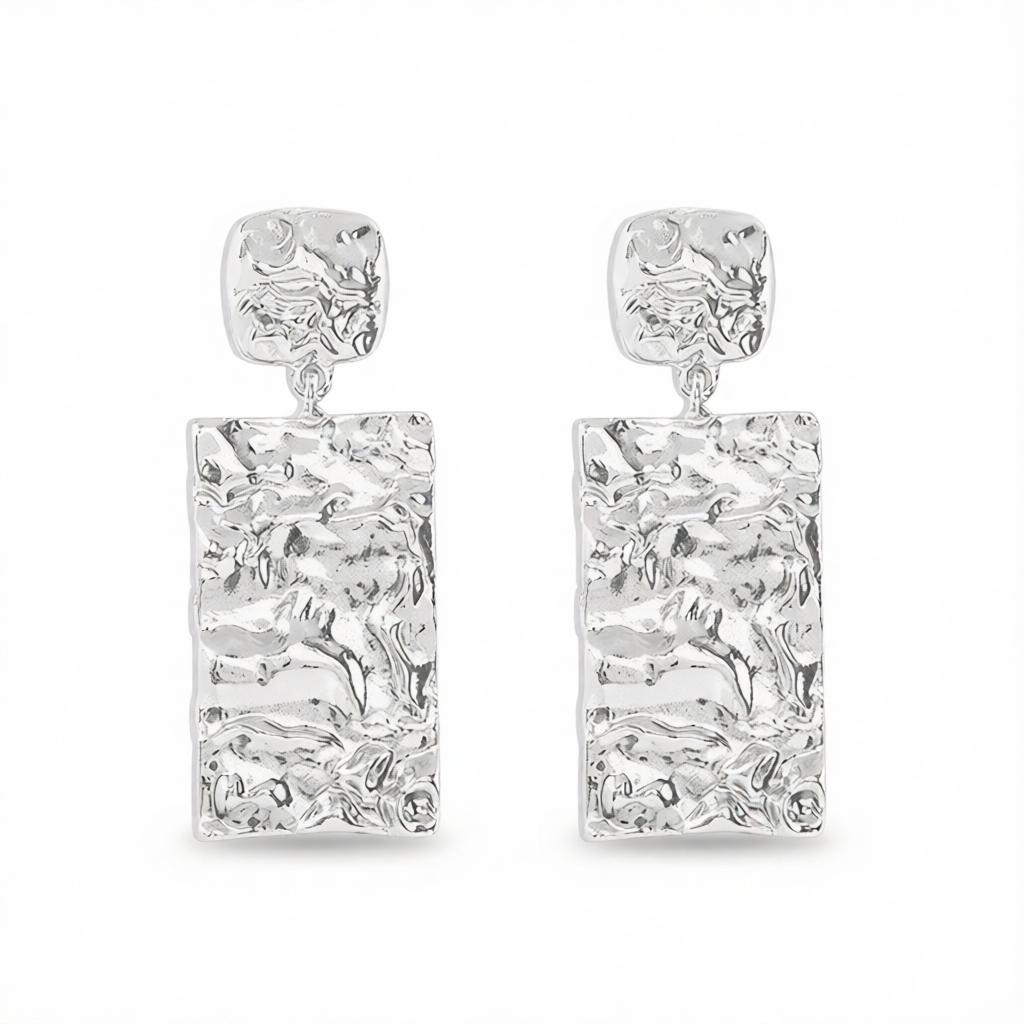Silver-Plated Textured Rectangle Drop Earrings, silver drop earrings for women, dainty minimalist design, side view