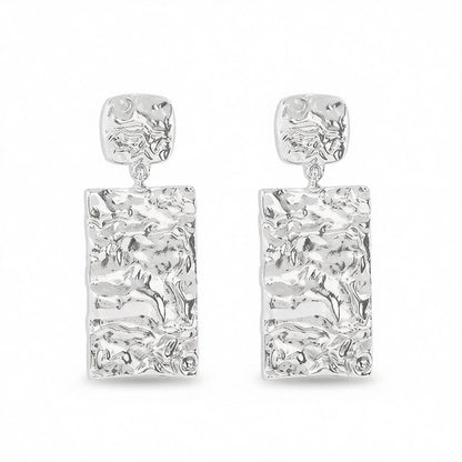 Silver-Plated Textured Rectangle Drop Earrings, silver drop earrings for women, dainty minimalist design, side view