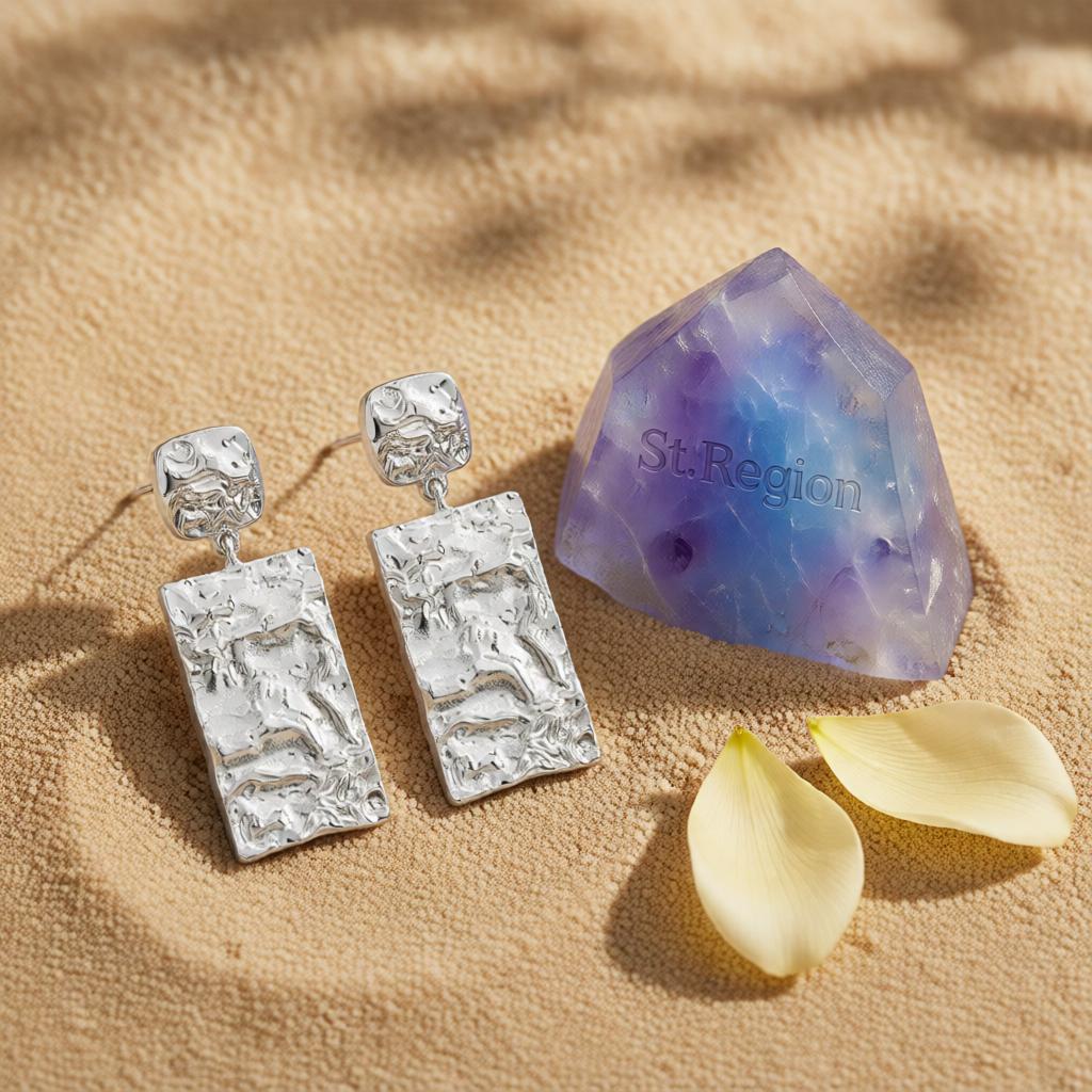 Silver-Plated Textured Rectangle Drop Earrings, silver drop earrings for women, dainty minimalist design, detail close-up
