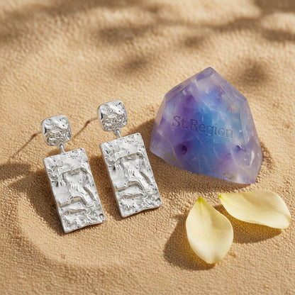 Silver-Plated Textured Rectangle Drop Earrings, silver drop earrings for women, dainty minimalist design, detail close-up