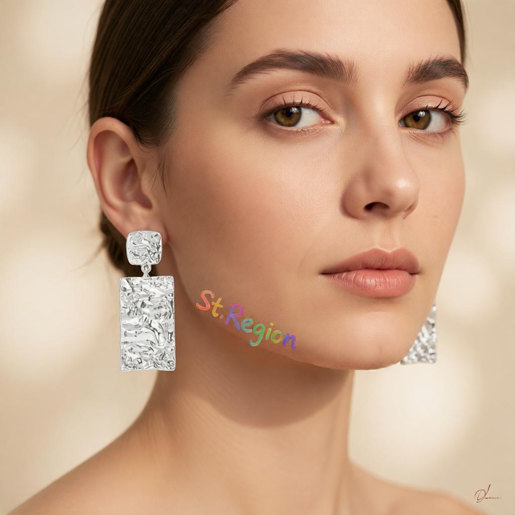 Silver-Plated Textured Rectangle Drop Earrings, silver drop earrings for women, dainty minimalist design, styled look