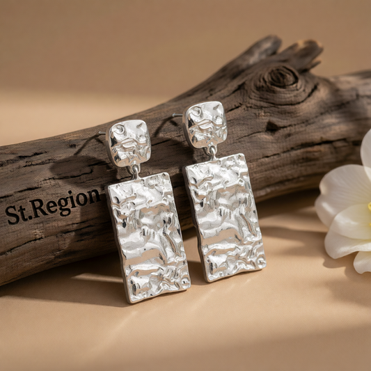 Silver-Plated Textured Rectangle Drop Earrings