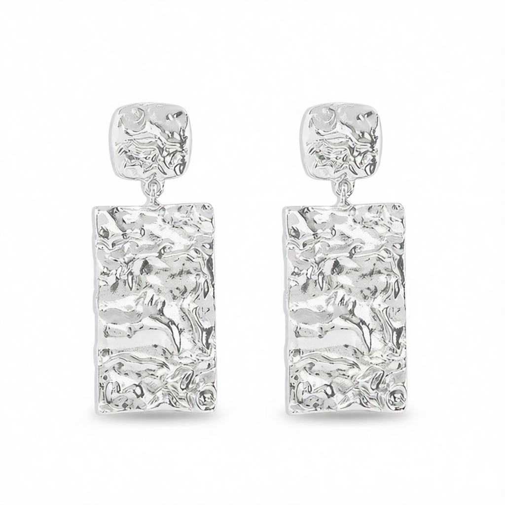 Silver-Plated Textured Rectangle Drop Earrings
