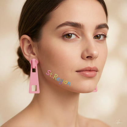 Pink Enamel and Silver-Plated Zip Drop Earrings, silver drop earrings for women, vintage-inspired design, styled look