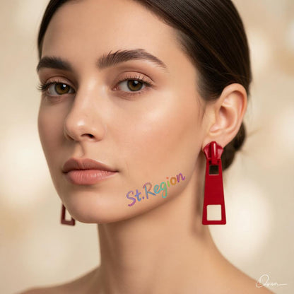 Red Enamel and Silver-Plated Zip Drop Earrings, silver drop earrings for women, botanical inspired, styled look