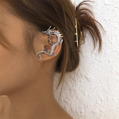 Silver-Plated Dragon Ear Cuff, silver stud earrings for women, dainty minimalist design, front view
