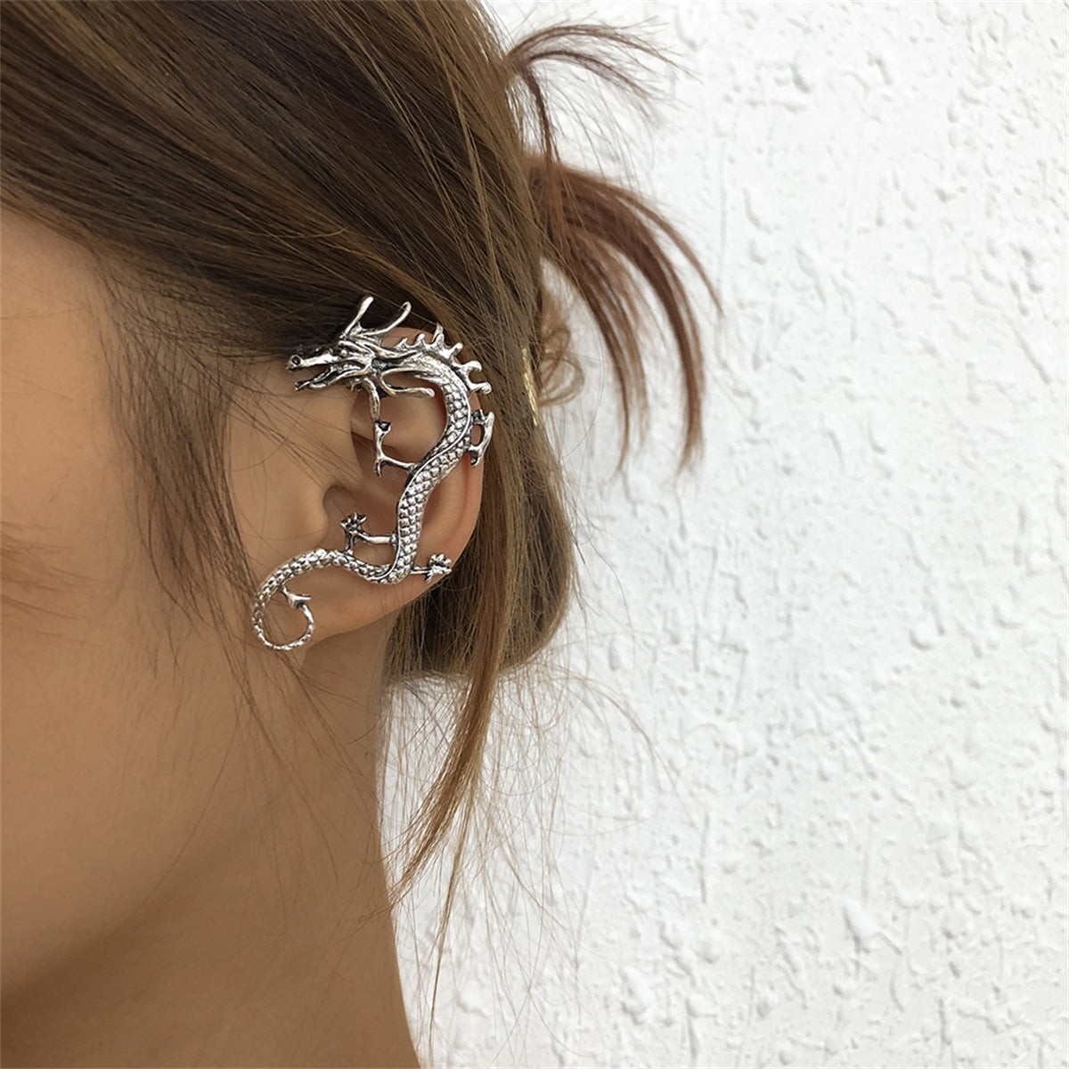 Silver-Plated Dragon Ear Cuff, silver stud earrings for women, dainty minimalist design, detail close-up
