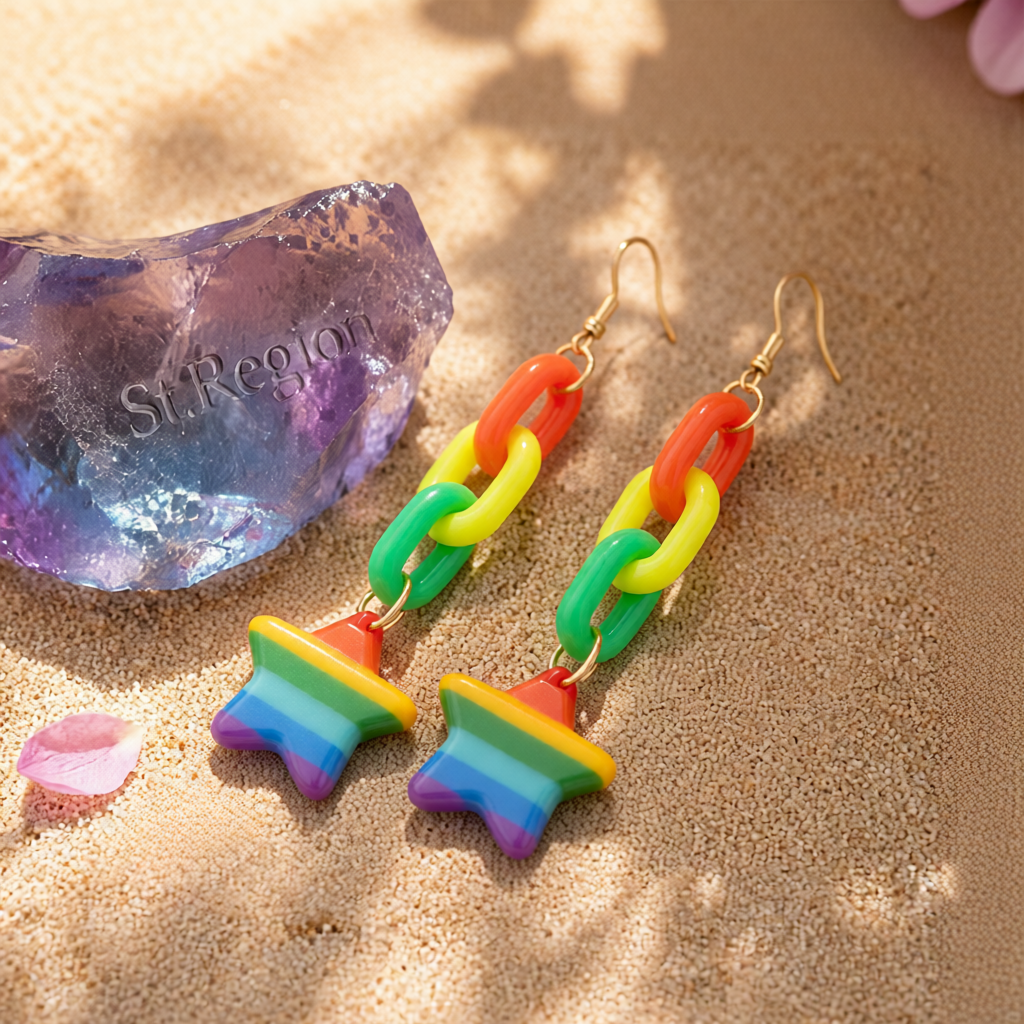 Rainbow Acrylic & 18K Gold-Plated Chain Star Drop Earrings