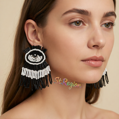 Black & White Howlite Eye Tassel Drop Earrings