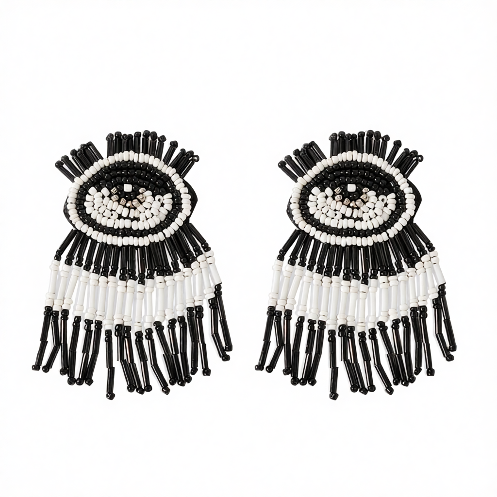 Black & White Howlite Eye Tassel Drop Earrings
