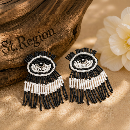 Black & White Howlite Eye Tassel Drop Earrings