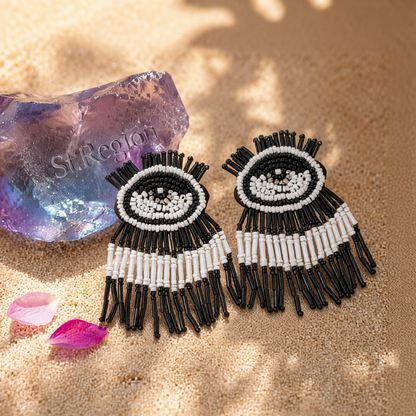 Black & White Howlite Eye Tassel Drop Earrings