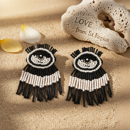 Black & White Howlite Eye Tassel Drop Earrings