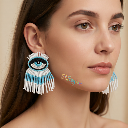 Blue & White Howlite Eye Tassel Drop Earrings
