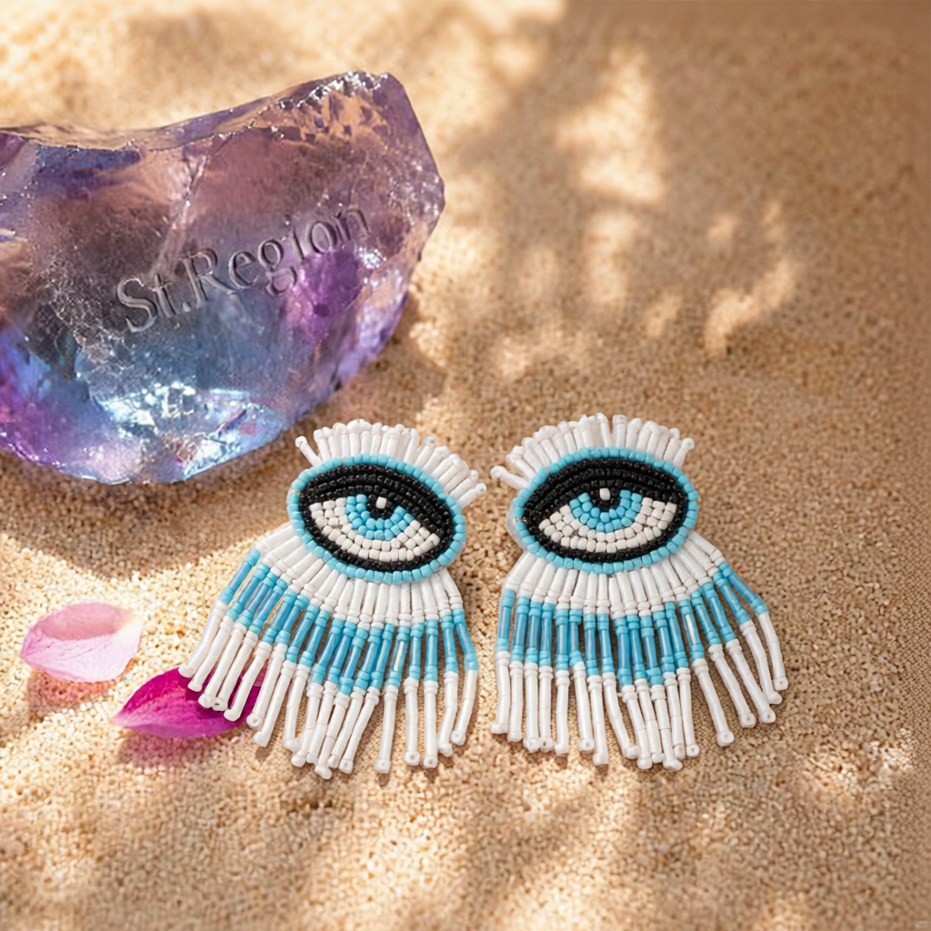 Blue & White Howlite Eye Tassel Drop Earrings