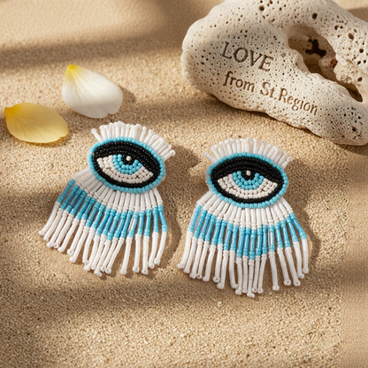 Blue & White Howlite Eye Tassel Drop Earrings