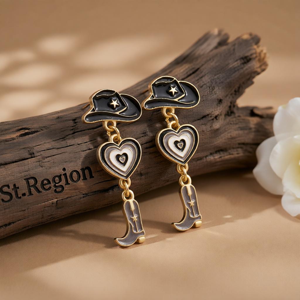 Black Enamel and 18K Gold-Plated Cowgirl Heart Drop Earrings, gold drop earrings for women, front view