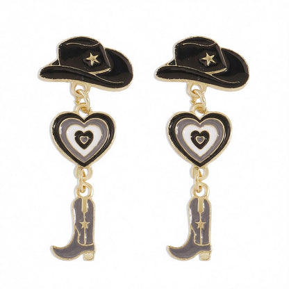 Black Enamel and 18K Gold-Plated Cowgirl Heart Drop Earrings, gold drop earrings for women, side view