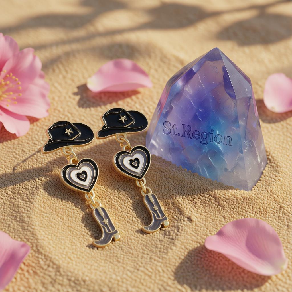 Black Enamel and 18K Gold-Plated Cowgirl Heart Drop Earrings, gold drop earrings for women, detail close-up