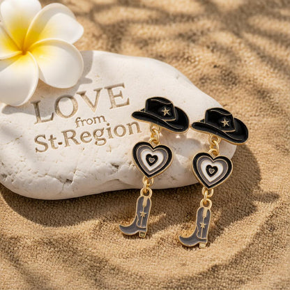 Black Enamel and 18K Gold-Plated Cowgirl Heart Drop Earrings, gold drop earrings for women, lifestyle look