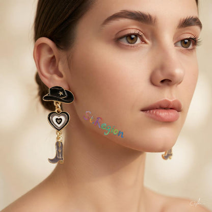 Black Enamel and 18K Gold-Plated Cowgirl Heart Drop Earrings, gold drop earrings for women, styled look