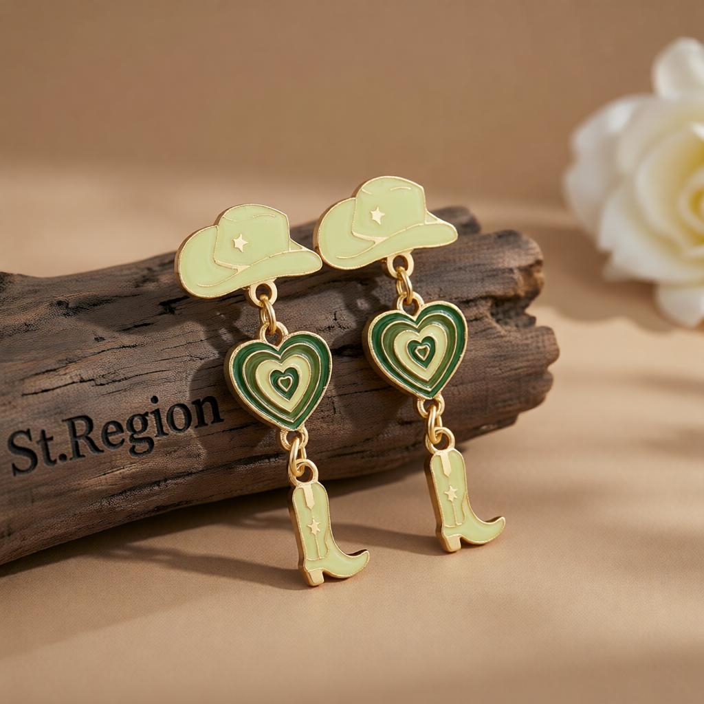 Green Enamel and 18K Gold-Plated Cowgirl Heart Drop Earrings, gold drop earrings for women, botanical inspired, front view