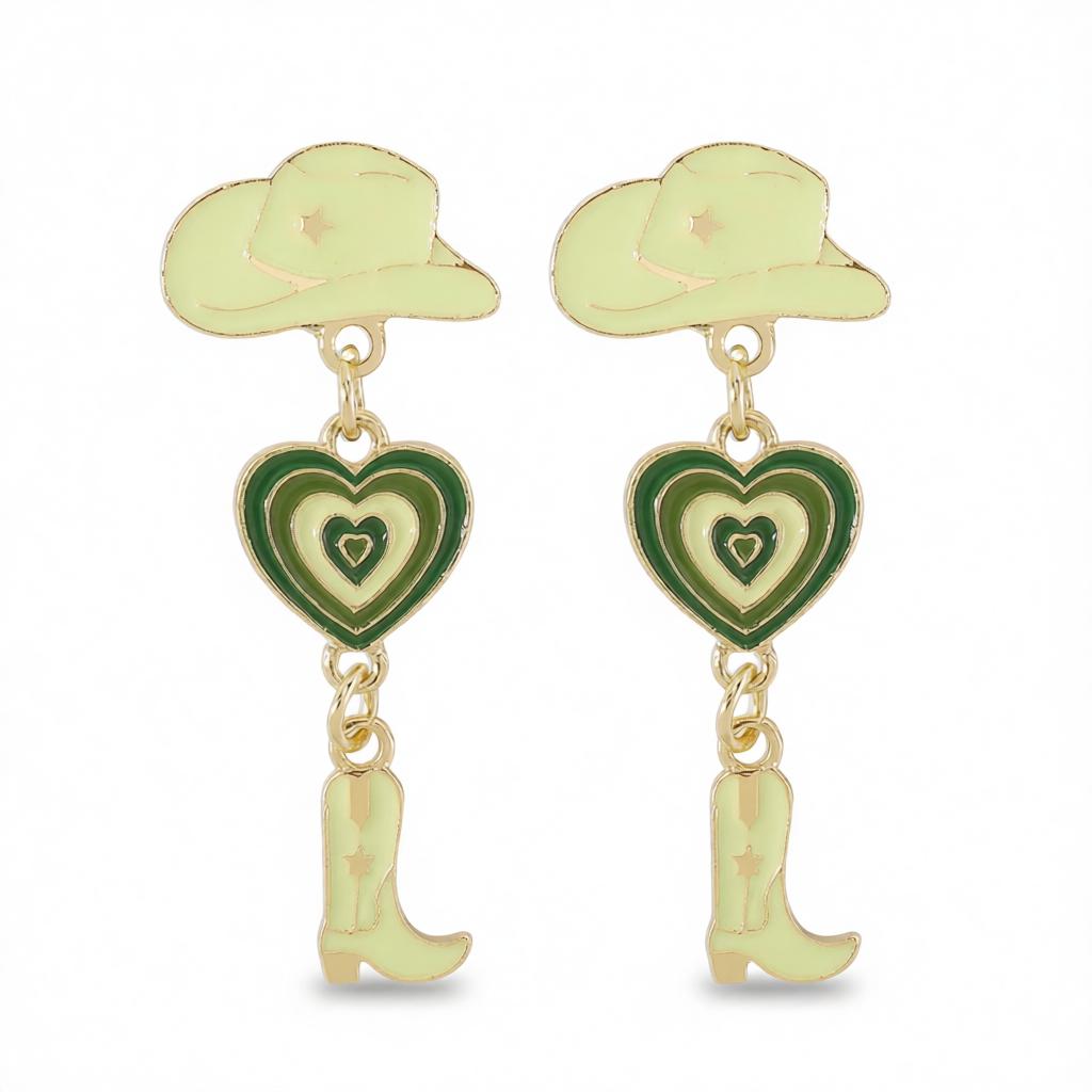 Green Enamel and 18K Gold-Plated Cowgirl Heart Drop Earrings, gold drop earrings for women, botanical inspired, side view