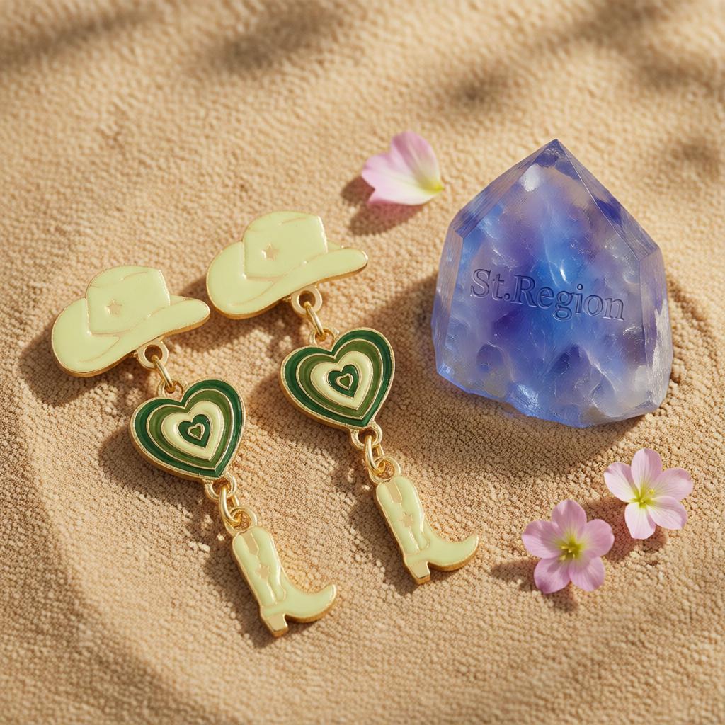Green Enamel and 18K Gold-Plated Cowgirl Heart Drop Earrings, gold drop earrings for women, detail close-up