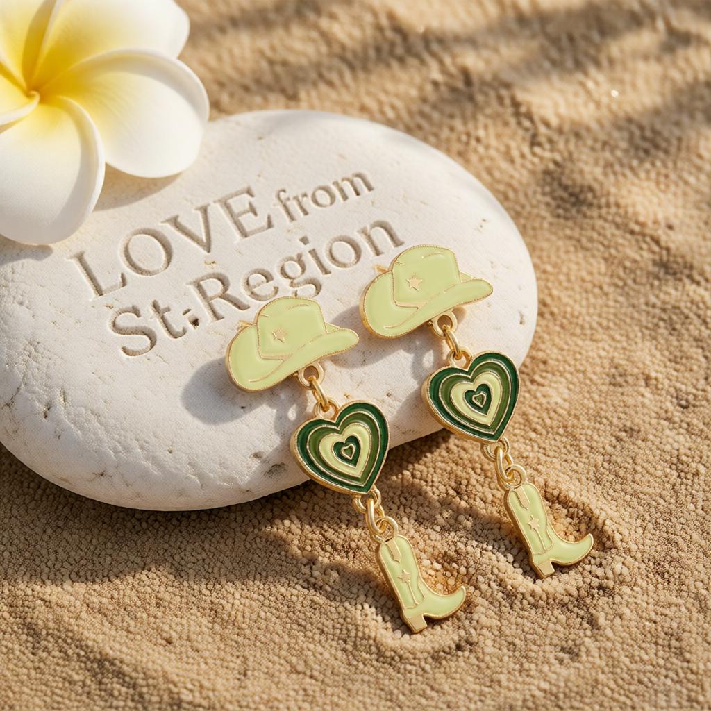 Green Enamel and 18K Gold-Plated Cowgirl Heart Drop Earrings, gold drop earrings for women, lifestyle look