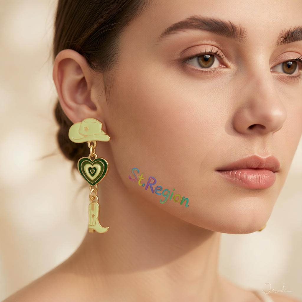 Green Enamel and 18K Gold-Plated Cowgirl Heart Drop Earrings, gold drop earrings for women, botanical inspired, styled look