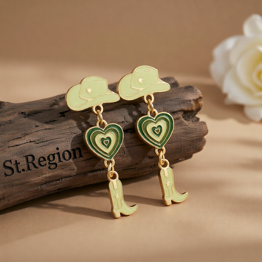 Green Enamel & 18K Gold-Plated Cowgirl Heart Drop Earrings