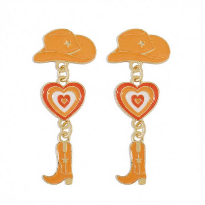 Orange Enamel and 18K Gold-Plated Cowgirl Heart Drop Earrings, gold drop earrings for women, side view