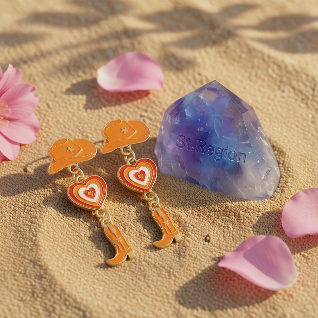 Orange Enamel and 18K Gold-Plated Cowgirl Heart Drop Earrings, gold drop earrings for women, detail close-up