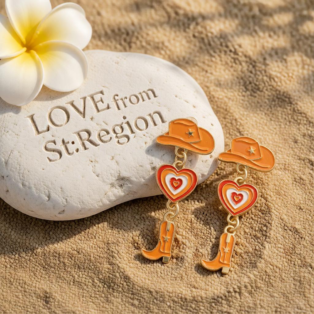 Orange Enamel and 18K Gold-Plated Cowgirl Heart Drop Earrings, gold drop earrings for women, lifestyle look