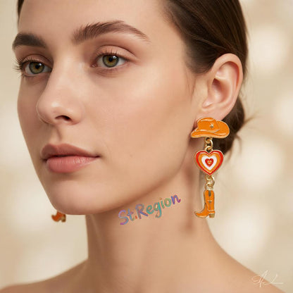 Orange Enamel and 18K Gold-Plated Cowgirl Heart Drop Earrings, gold drop earrings for women, styled look