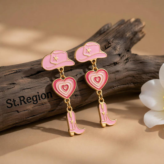 Pink Enamel & 18K Gold-Plated Cowgirl Heart Drop Earrings