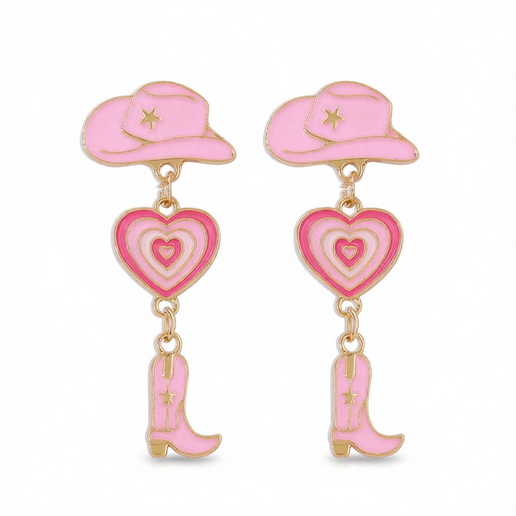 Pink Enamel and 18K Gold-Plated Cowgirl Heart Drop Earrings, gold drop earrings for women, side view