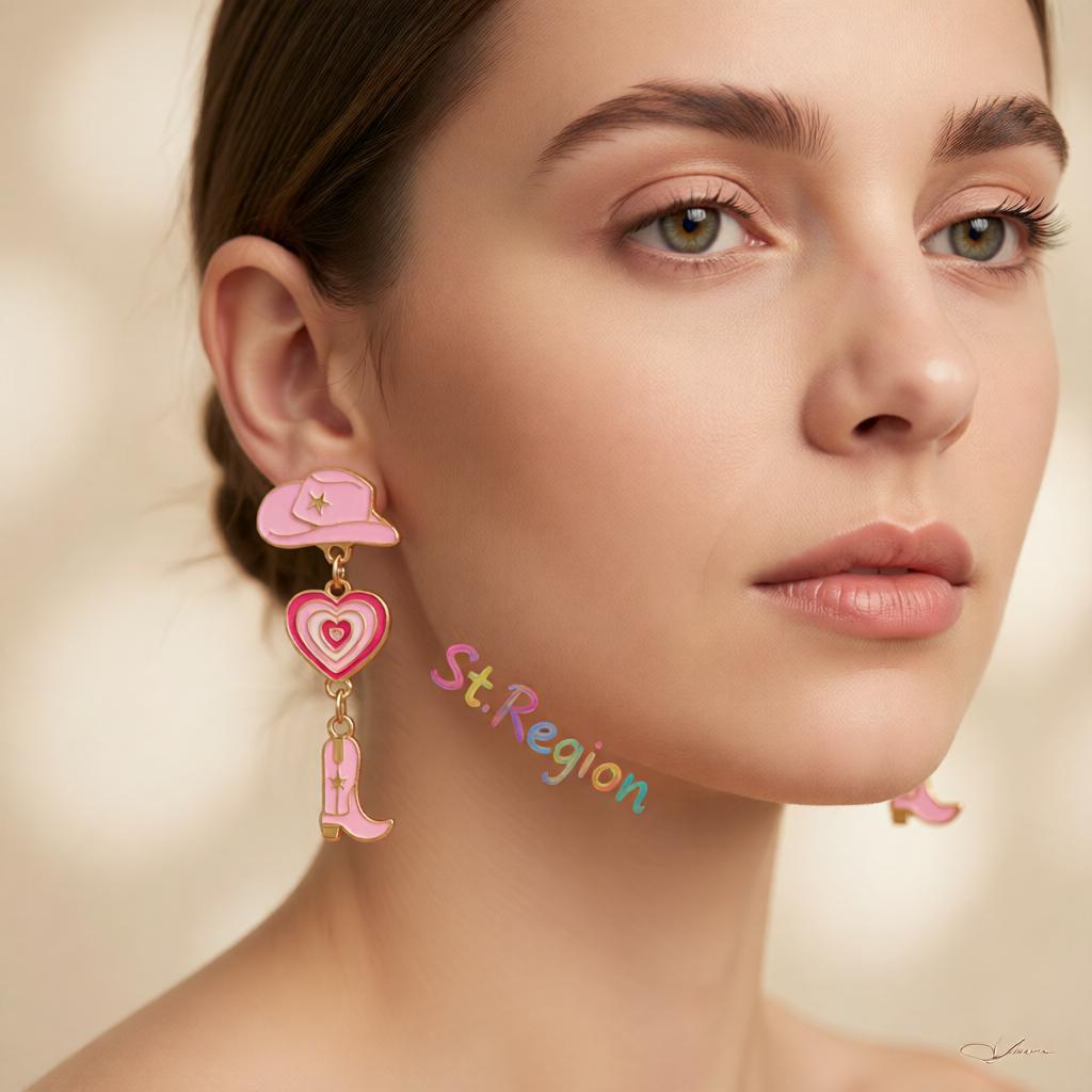 Pink Enamel and 18K Gold-Plated Cowgirl Heart Drop Earrings, gold drop earrings for women, styled look
