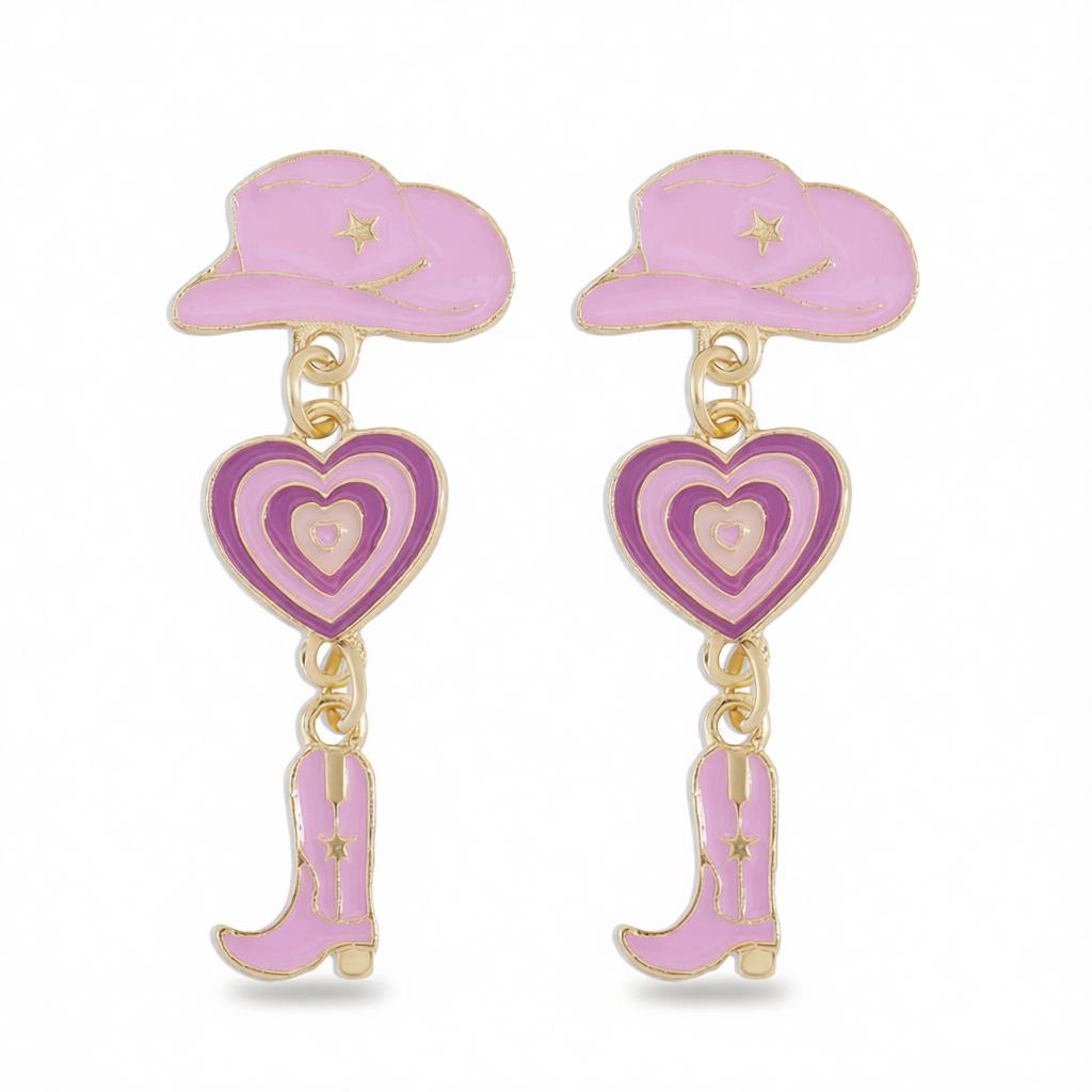 Purple Enamel and 18K Gold-Plated Cowgirl Heart Drop Earrings, gold drop earrings for women, everyday style, side view