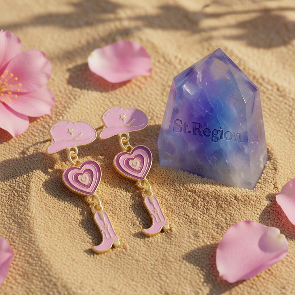 Purple Enamel and 18K Gold-Plated Cowgirl Heart Drop Earrings, gold drop earrings for women, everyday style, detail close-up